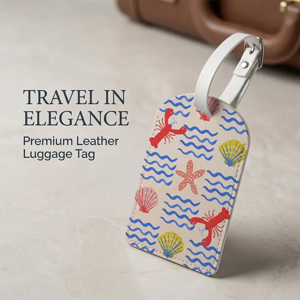 étiquette de bagage en pu motif coquille de homard et étoile de mer, style peint à la main, idéale pour valise, sac à dos, sac à main