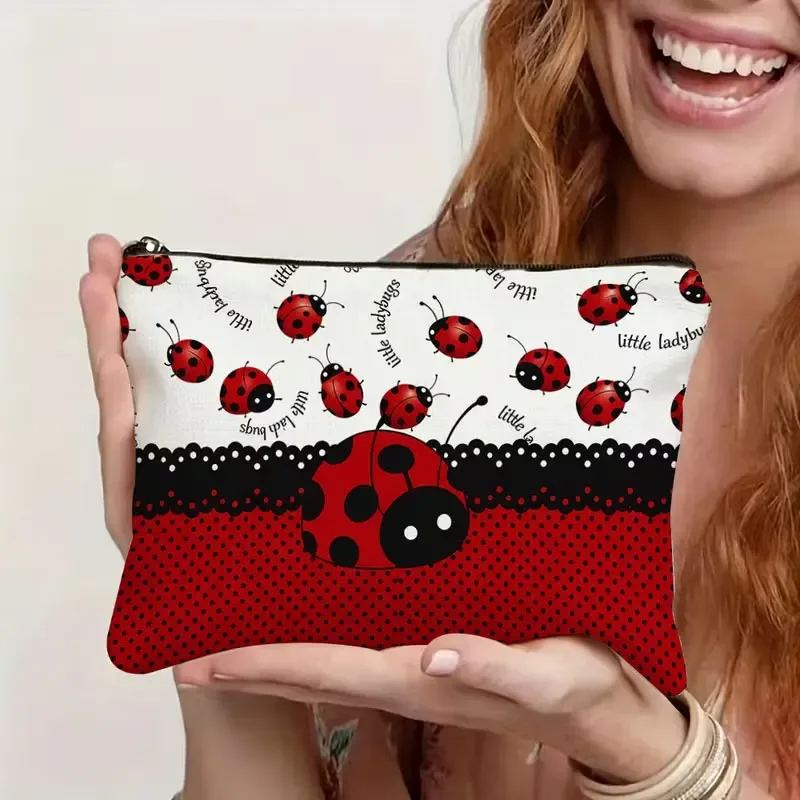 1 pièce, trousse de maquillage imprimée coccinelle, fermeture éclair durable, indispensable pour les voyages fréquents, rangement d'accessoires exquis, en lin durable