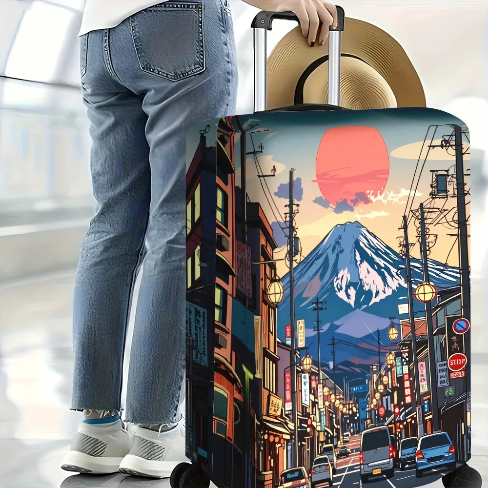 1 housse de bagage imprimée style anime japonais coucher de soleil, pour bagages de 18 à 32 pouces ; accessoires de voyage anti-poussière et élastiques