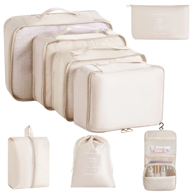 organisateur voyage tissu oxford beige clair grille transparente grande capacité rangement vêtements accessoires transports usage polyvalent domicile travail