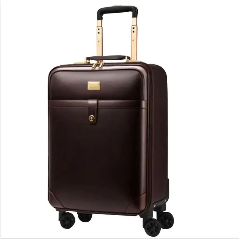 valise carrée cuir marron accents dorés roulettes quatre coins ceinture maintien intérieur marron affaires voyage