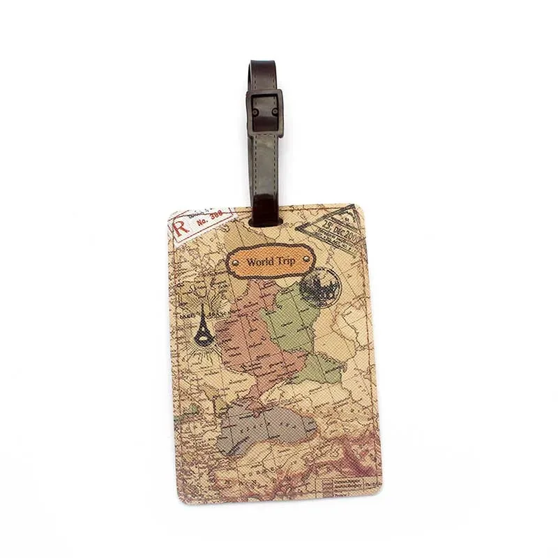 étiquette bagage pu carte monde motifs animés bleu pastel vert rose beige voyage famille identité