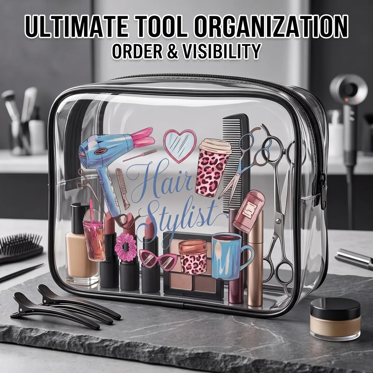 Trousse Toilette PVC Translucide Motifs Coiffure Hair Stylist Voyage Cosmétiques Maquillage Organiseur Salle Sport