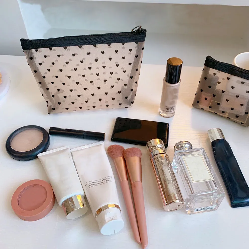 sac de maquillage en maille transparente en forme de cœur, pochette de rangement de cosmétiques portable multifonction pour femmes, sacs de rangement de rouge à lèvres de toilette pour dames