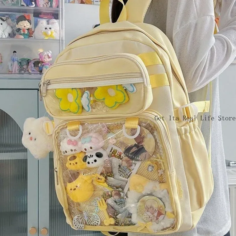 sac à dos ita rose italife big anime avec plaque d'insertion, grand sac itabag jaune kawaii pour femmes, double poche transparente pour affichage de pins h260