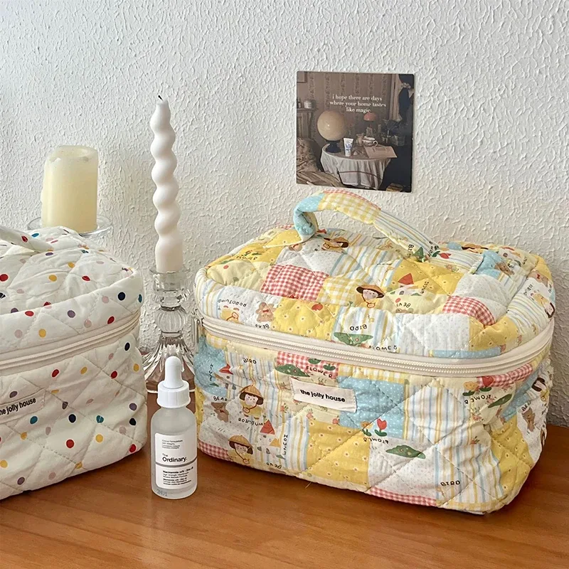 sac à main en coton de dessin animé vintage pour femmes, sac fourre-tout de grande capacité, sac à main de courtepointe de maquillage, évaluation de voyage cosmétique, mode