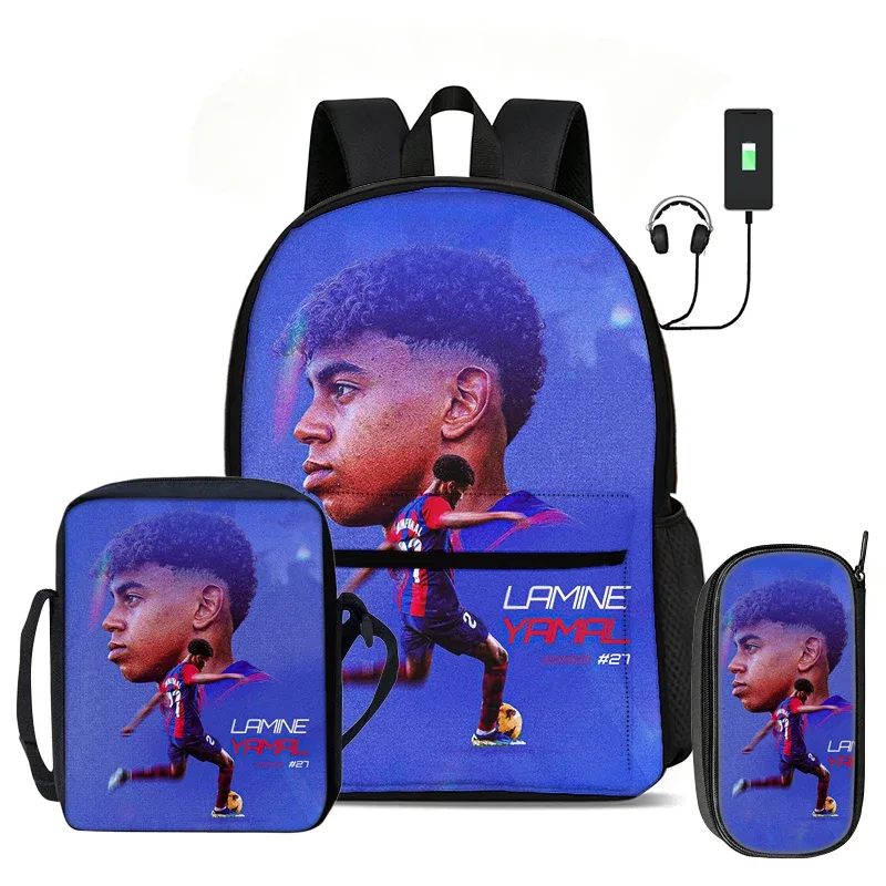 l-lamin yamal ensemble de 3 pièces : sac à dos, sac à bandoulière, trousse à crayons, sac à dos de sport pour enfants, motif star de football