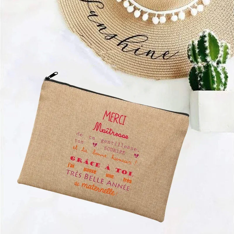 cadeau maitresse école cadeau maitresse trousse de maquillage sacs de maquillage en lin merci professeur impression française simple bracelet pochette plage papeterie stockage voyage organisateur étui cadeaux