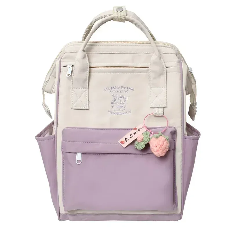 sac dos nylon pastel beige violet bandoulière ouverte motif fruits poche avant voyage loisirs