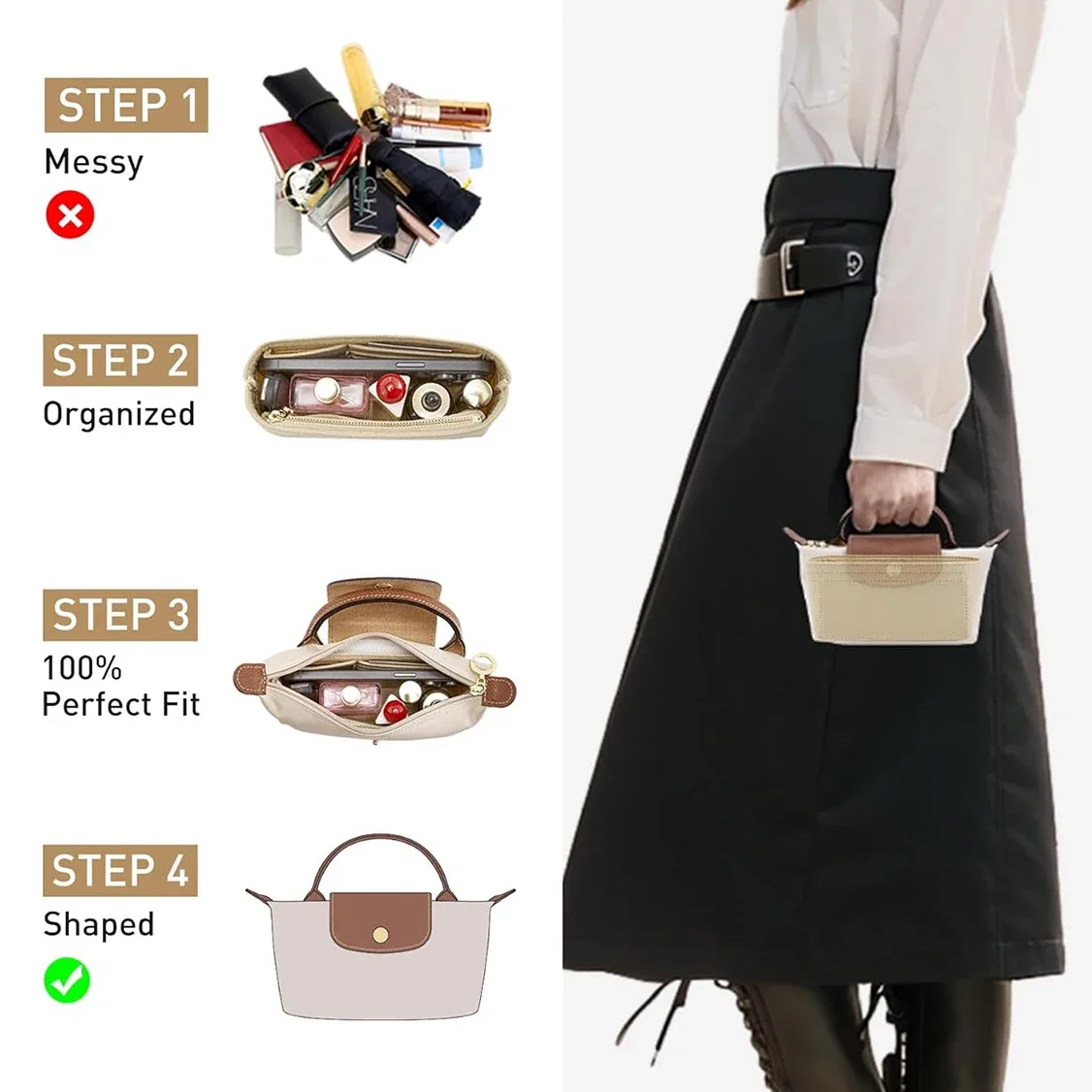 organisateur de sac pour petit sac fourre-tout, insert de rangement et de finition pour sacs à main, compatible avec les mini-sacs