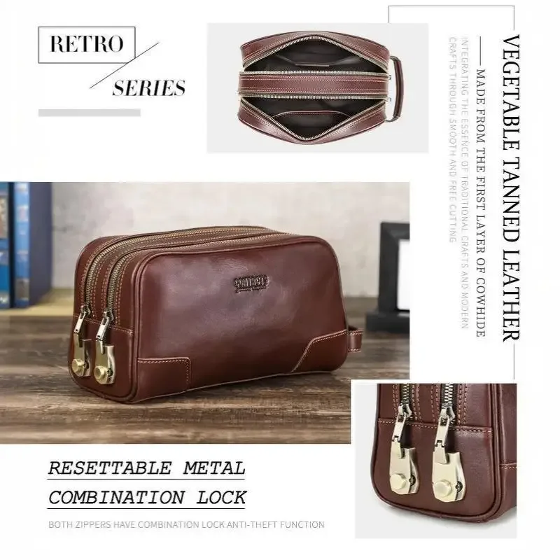sac de toilette pour homme en cuir véritable avec serrure à combinaison, grande capacité, sac de voyage pour les voyages d'affaires et le rangement quotidien