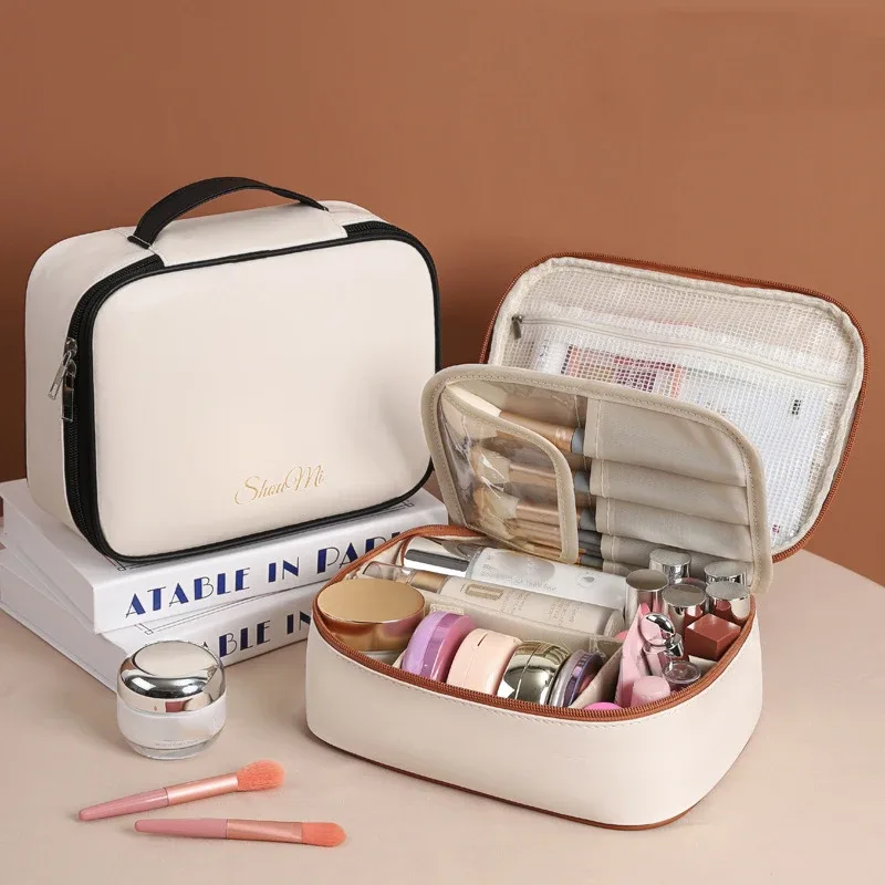 sac de maquillage fourre-tout de luxe en pu pour femmes, grande capacité, organisateur de voyage portable, sac de rangement de cosmétiques, pochette double couche pour dames