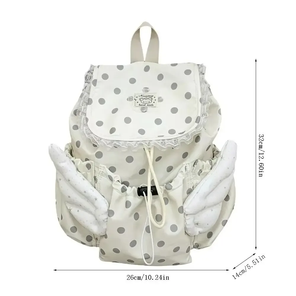 sac à dos à cordon de serrage à motif à pois, garniture en dentelle, grande capacité, sac à dos d'école, sac à dos de voyage réglable avec cordon de serrage, ailes d'ange