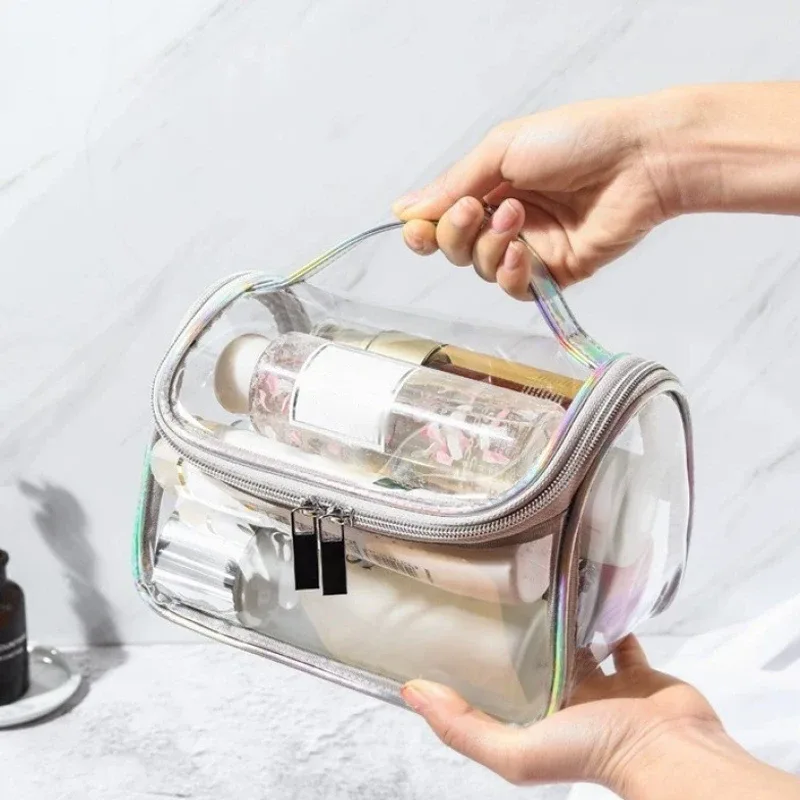sac de maquillage transparent en pvc imperméable, trousse de toilette de voyage transparente, sac de rangement cosmétique à fermeture éclair de grande capacité