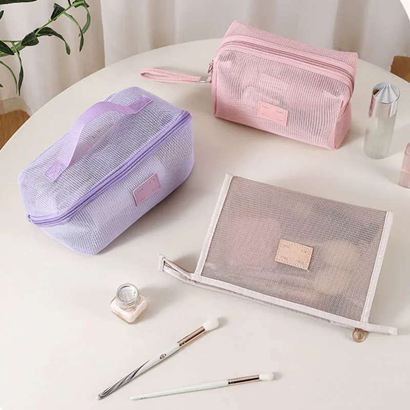 organisateur de toilette transparent de grande capacité, pochette de rangement cosmétique portable pour femmes, sac à maquillage respirant en maille