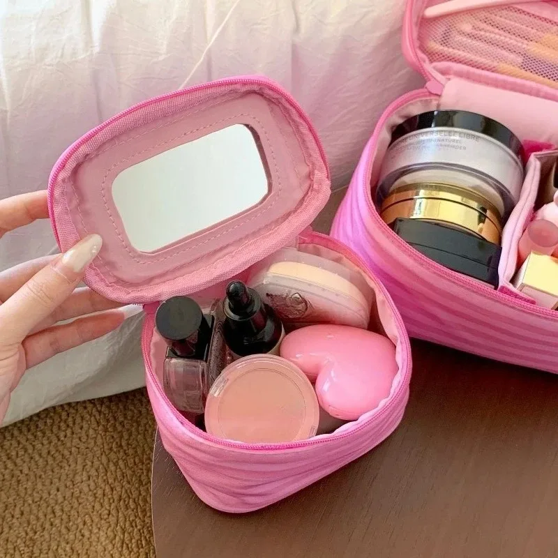 trousse de maquillage rose rayée grande capacité pour femme, sac de rangement portable de voyage pour cosmétiques et brosses de toilette