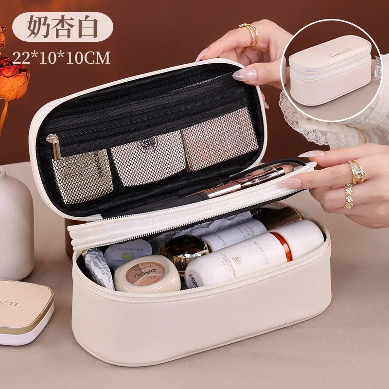 nouvelle trousse de maquillage grande capacité en cuir pu double couche, organisateur de cosmétiques de voyage, pochette de toilette pour essentiels de beauté femme