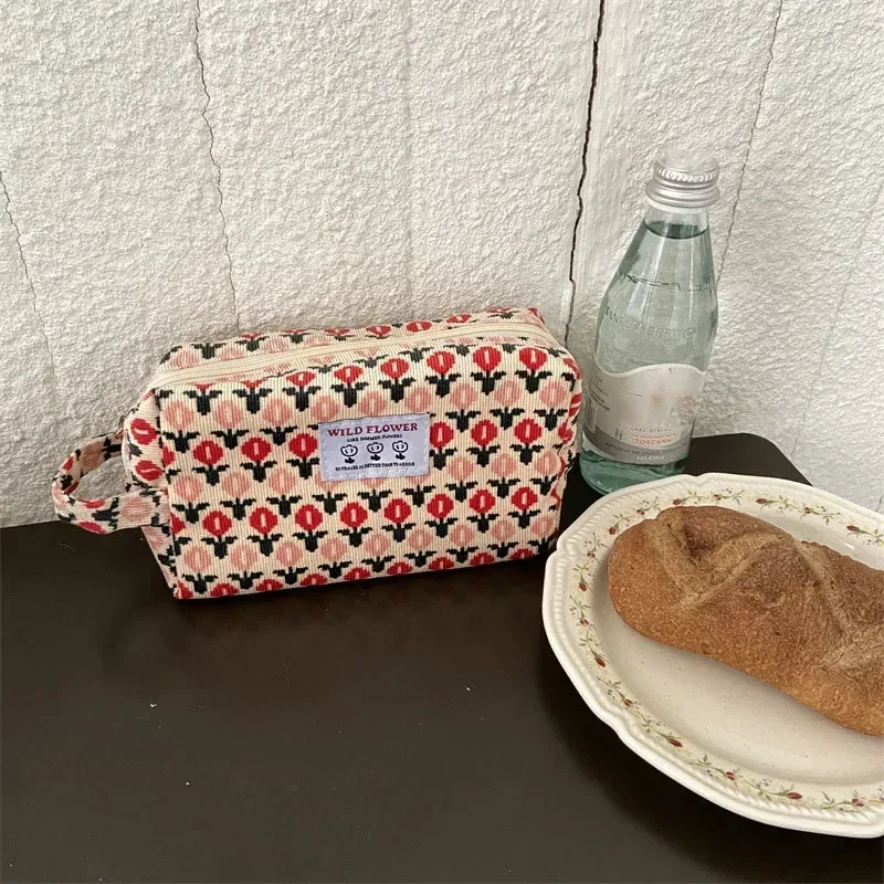 sacs de maquillage en velours côtelé pour femmes, sac à cosmétiques imprimé floral, trousse à crayons, trousse de toilette de voyage, sac de rangement, organisateur, trousse de beauté