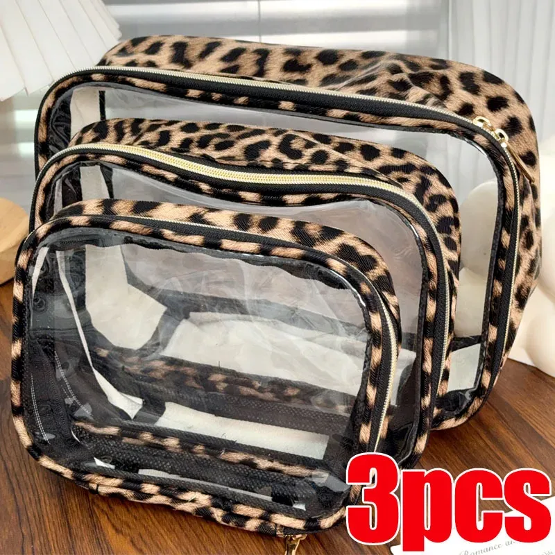 1/3 pièces Transparent imprimé léopard sac de maquillage grande capacité étanche clair sac cosmétique voyage maquillage cosmétique organisateur fermeture éclair