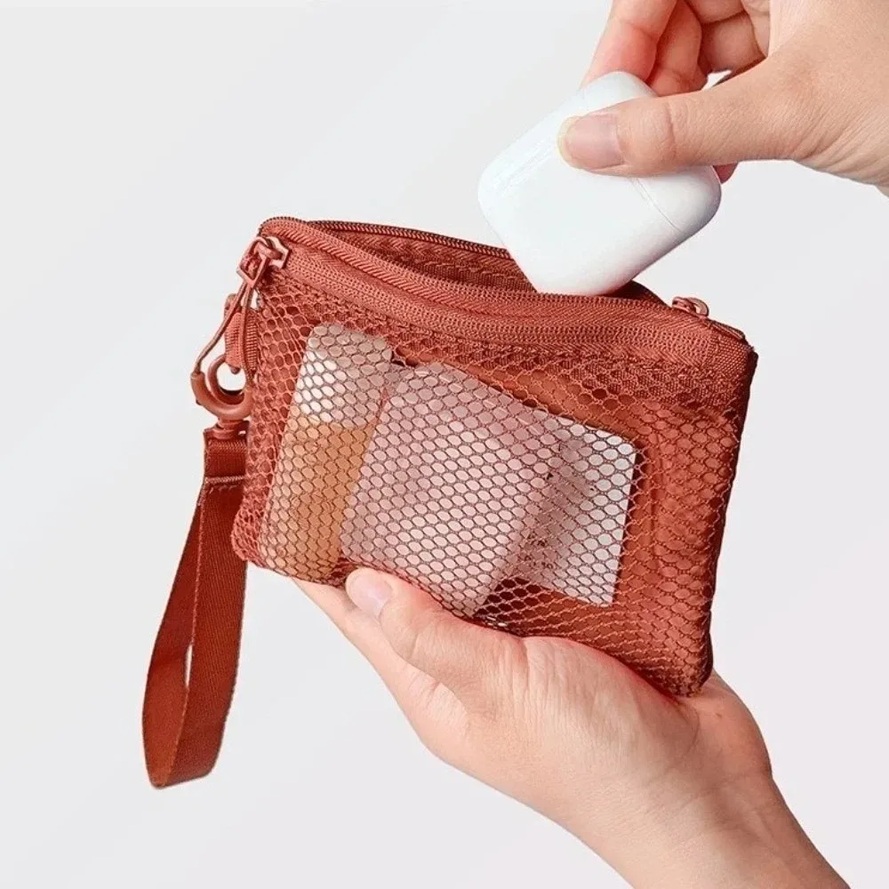 sac de rangement en maille légère, trousse de toilette en polyester avec fermeture éclair, sac à cosmétiques multifonctionnel de couleur unie, utilisation polyvalente