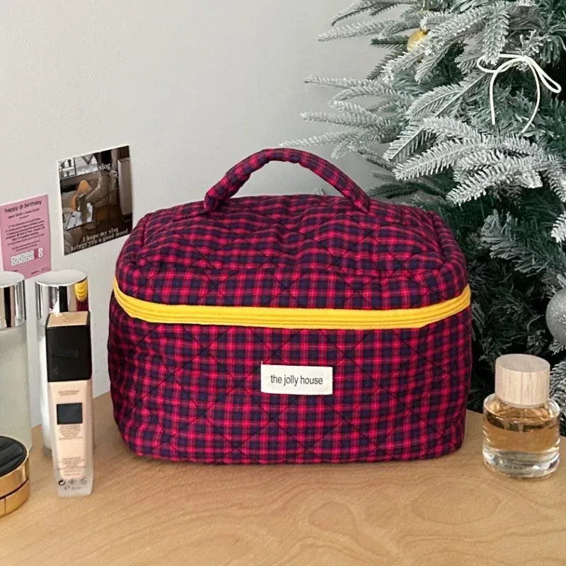 sac de maquillage à carreaux bloquant les couleurs pour femmes, sac de rangement pour pinceaux de maquillage de grande capacité, trousse de toilette pour soins de la peau