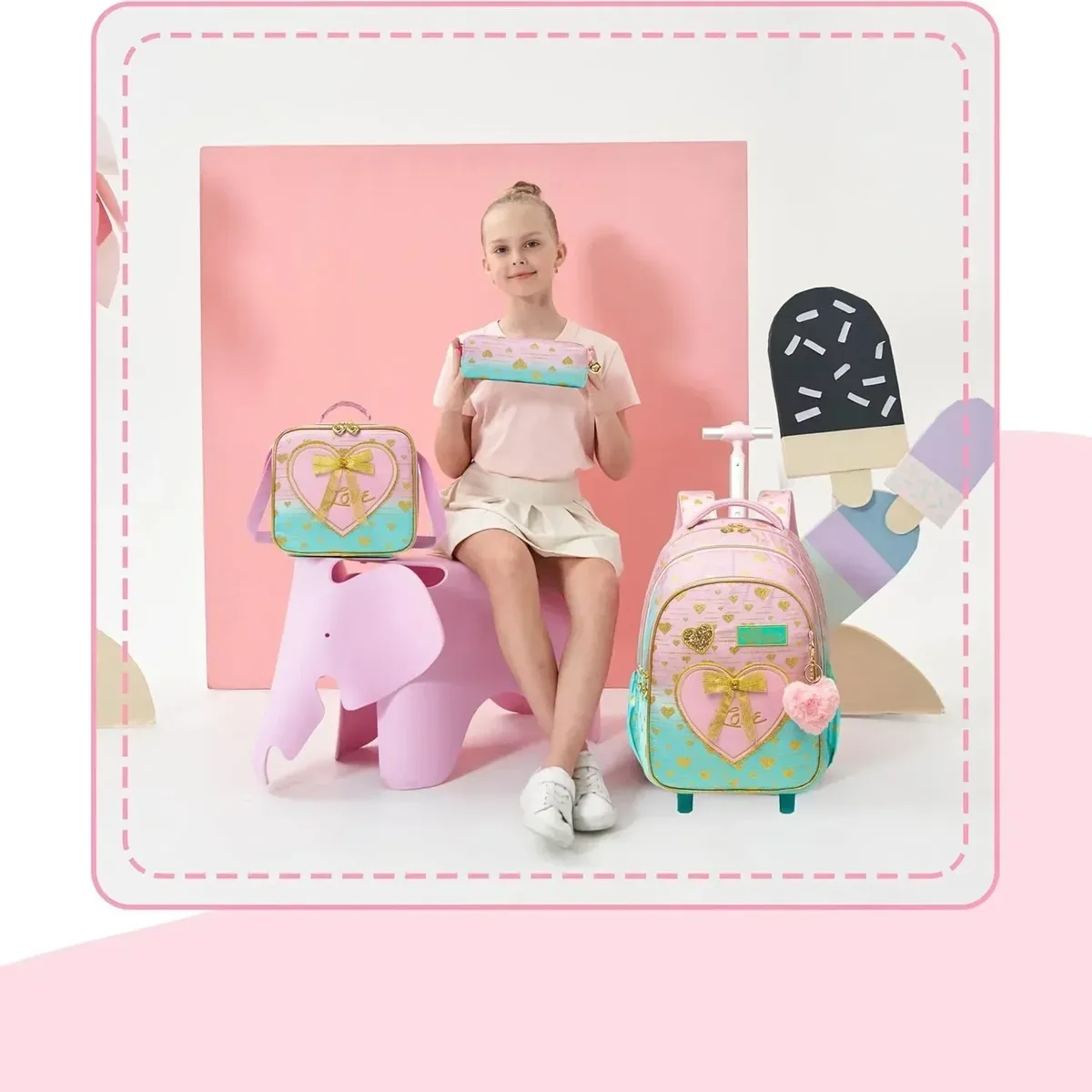 sacs d'école à roulettes pour filles, 3 pièces, sac à dos étanche pour enfants avec roulettes, chariot d'école primaire, sac de livre à bagages