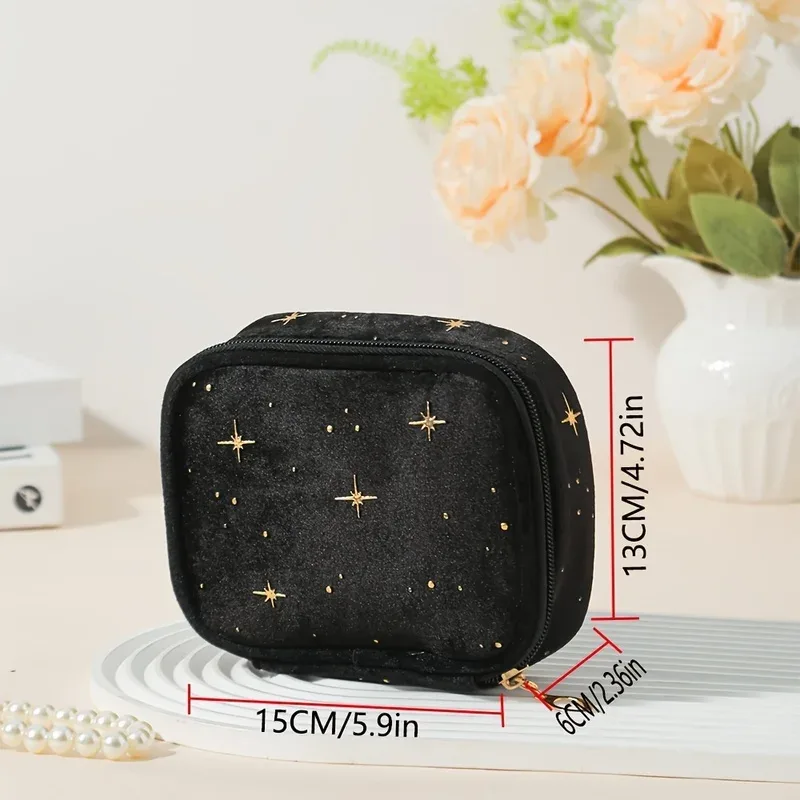 trousse de maquillage en velours sparkling star, pochette multi-usage de grande capacité avec fermeture éclair dorée pour pièces de monnaie de maquillage, 4 couleurs