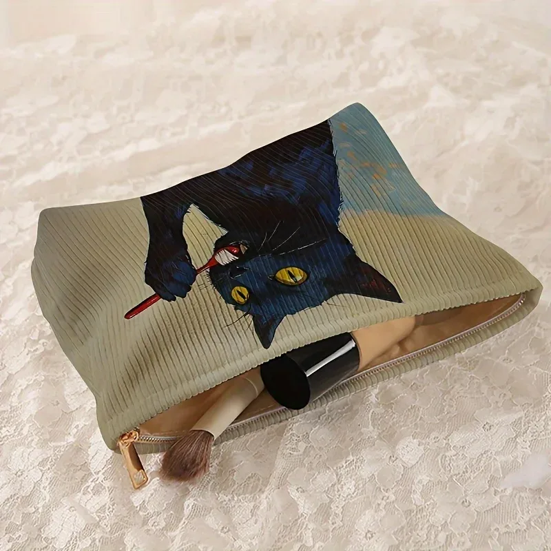 1 pièce, trousse de maquillage en velours côtelé à motif de chat noir, boîte de rangement légère à fermeture éclair, sac multifonctionnel avec doublure