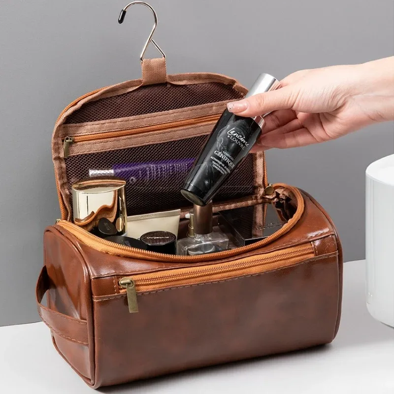 trousse de toilette de voyage en cuir pour hommes et femmes, grande capacité, organisateur de cosmétiques avec crochet de suspension, sac de rangement maquillage étanche