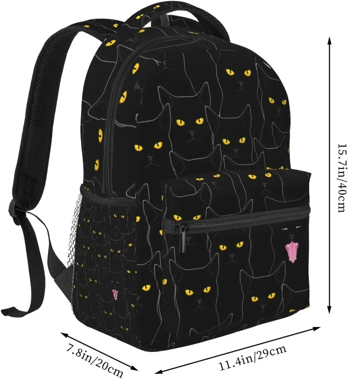 sac dos polyester chats noirs yeux jaunes lumineux noir forme rectangulaire poignées latérales usage voyage école travail sport