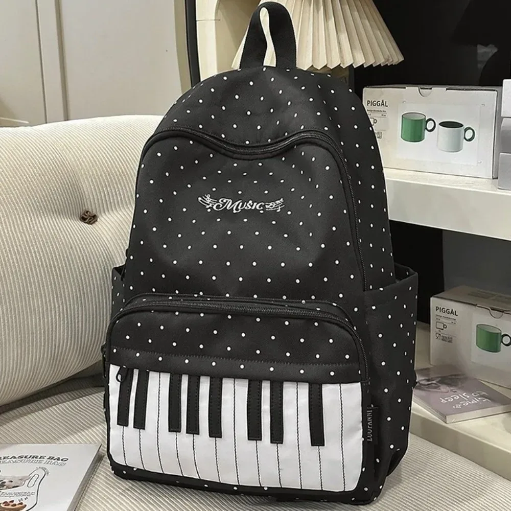 sac à dos en nylon à pois imprimé, color-block, mignon, grande capacité, style preppy, durable, motif touches de piano, pour l'école et les voyages
