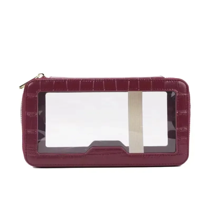 sac cosmétique en cuir saffiano personnalisable gratuitement, portable, imperméable, multifonctionnel, double couche, pour voyage et rangement.