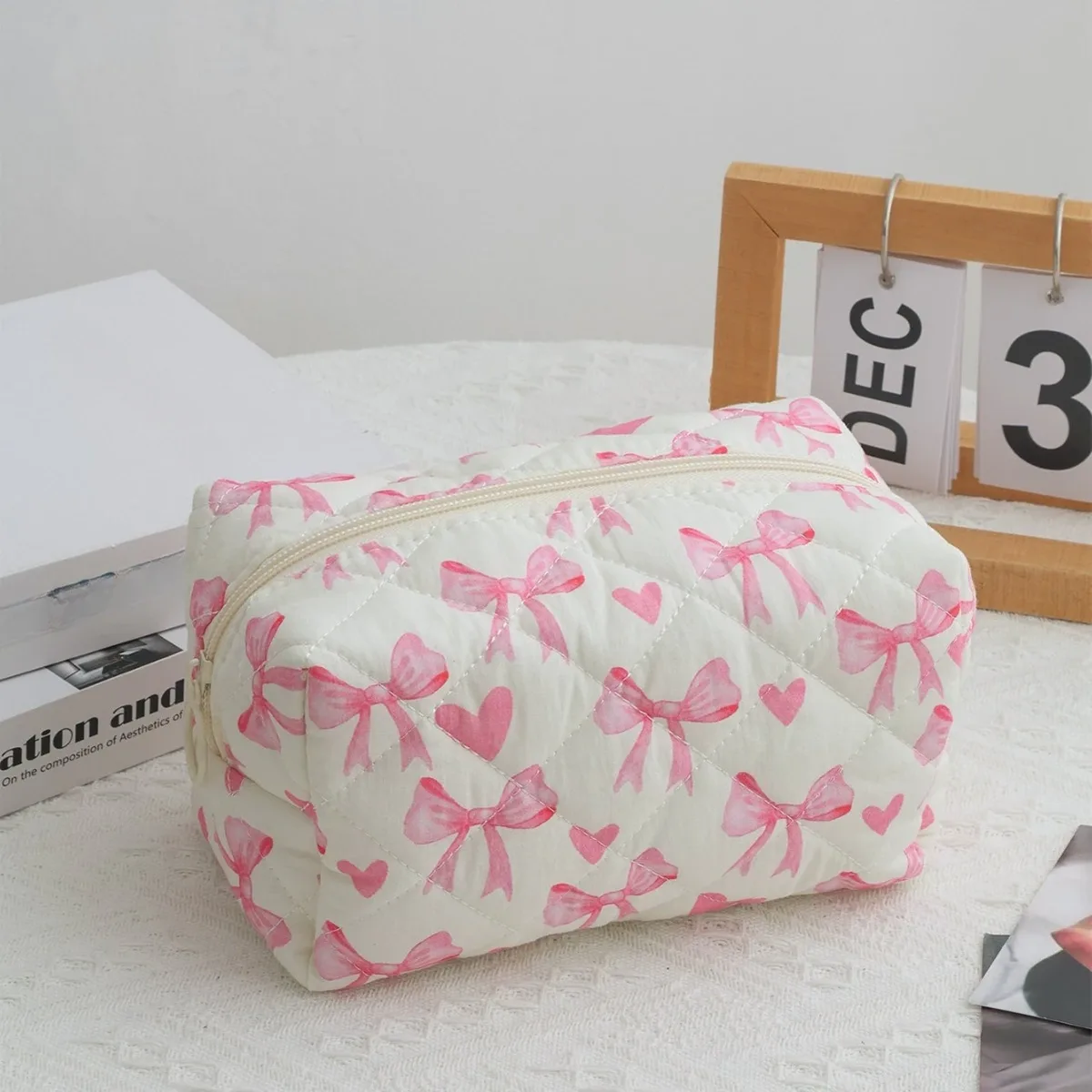 trousse de maquillage en coton avec nœud floral, sac de rangement, imprimé de fleurs, poudres cosmétiques, grande trousse cosmétique de voyage