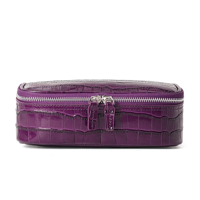 sac cosmétique pour femme en cuir croco violet, trousse de toilette de voyage en cuir brillant avec poignée, idéal pour les voyages et l'usage quotidien