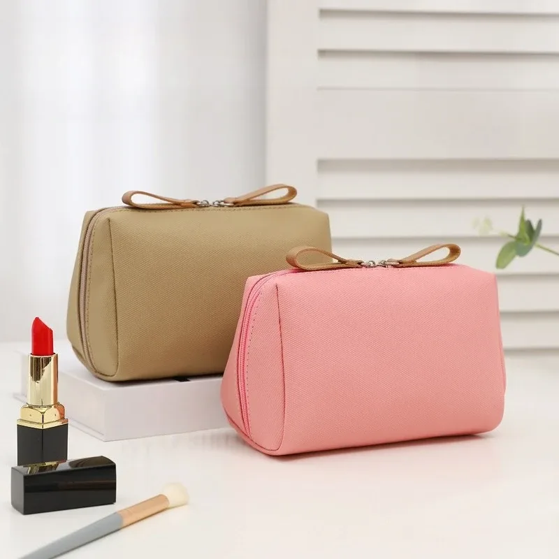 pochette de maquillage en cuir de couleur unie pour femme, pochette cosmétique à fermeture éclair pour fille, sac de rangement portable pour rouge à lèvres, trousse de toilette, organiseur