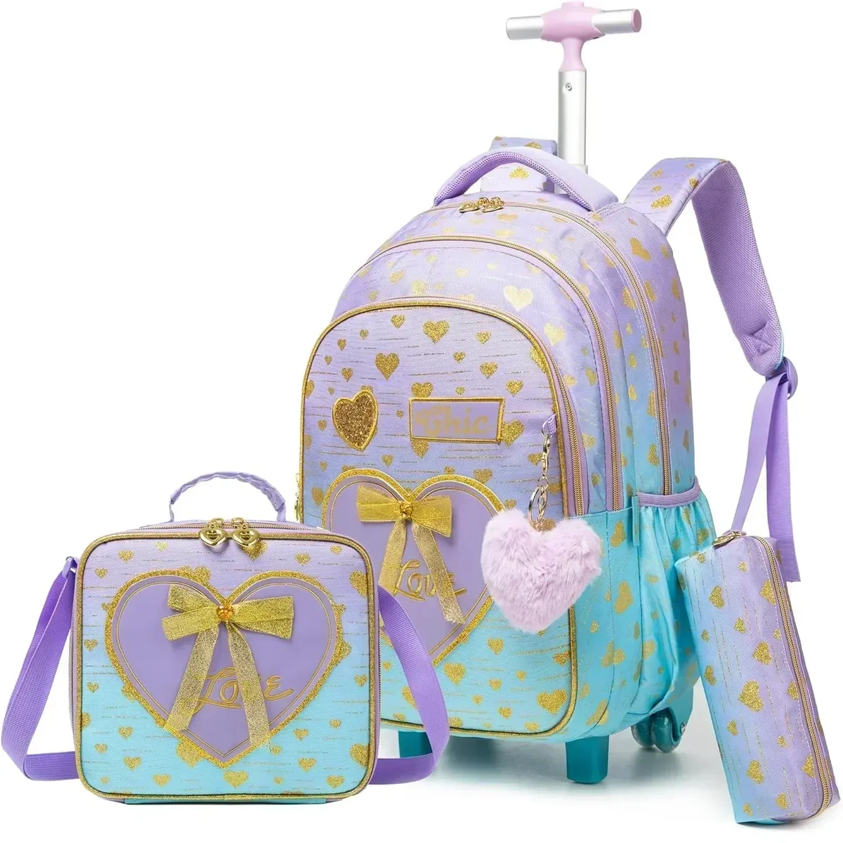 sac dos polyester toile dessin animé bleu pastel coeurs dorés love scolaire transport voyage filles