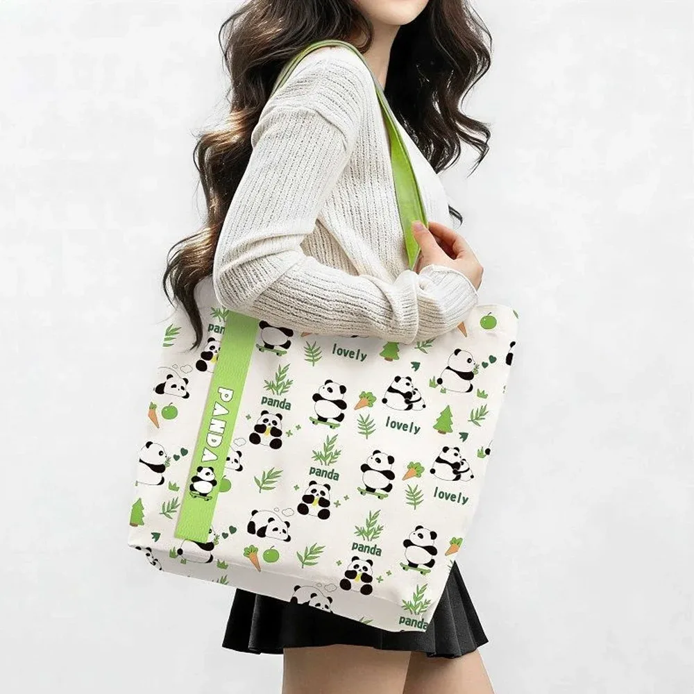 sac fourre-tout happy panda cartoon, sac en toile élégant et mignon, sac de transport polyvalent à épaule ouverte pour femmes