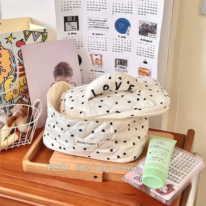 Sac à main de maquillage en coton matelassé pour femmes, trousse de toilette portable, forme de boîte, fermeture éclair, évaluation cosmétique, femme, fille, mignon
