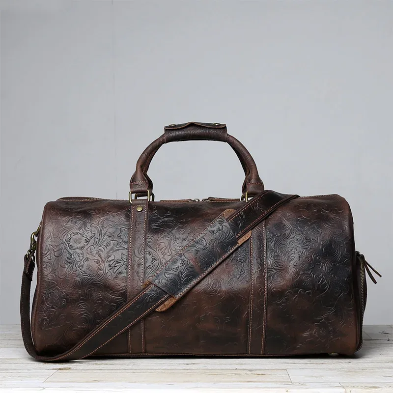 sac voyage cuir vache marron motifs floraux ovale poignée bandoulière grande capacité affaires week end sport