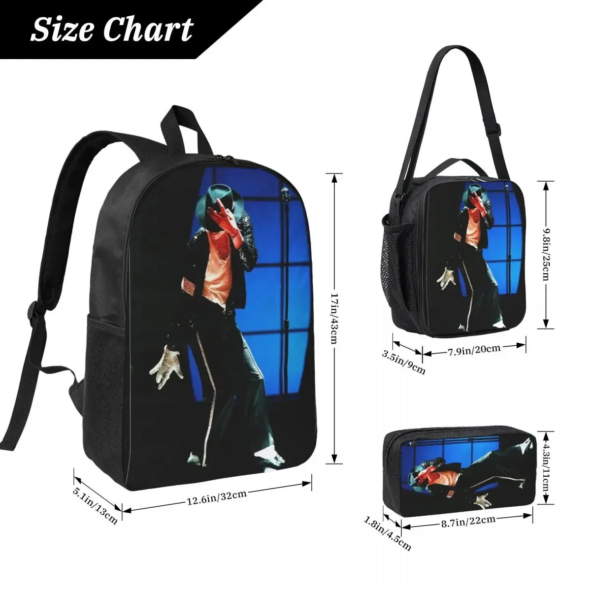 sac à dos de danse musicale mj king of pop, 3 pièces/ensemble, pour étudiants, sacs en toile de grande capacité pour l'université, sac à déjeuner, trousse à crayons