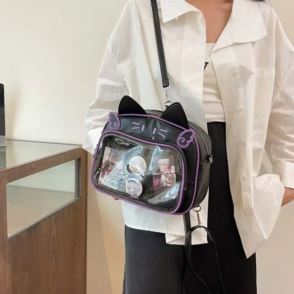 sac à fermeture éclair portable kawaii chat itabag en coton avec poche transparente en pu pour badges, sac de rangement, portefeuille, sacs à dos tendance pour enfants