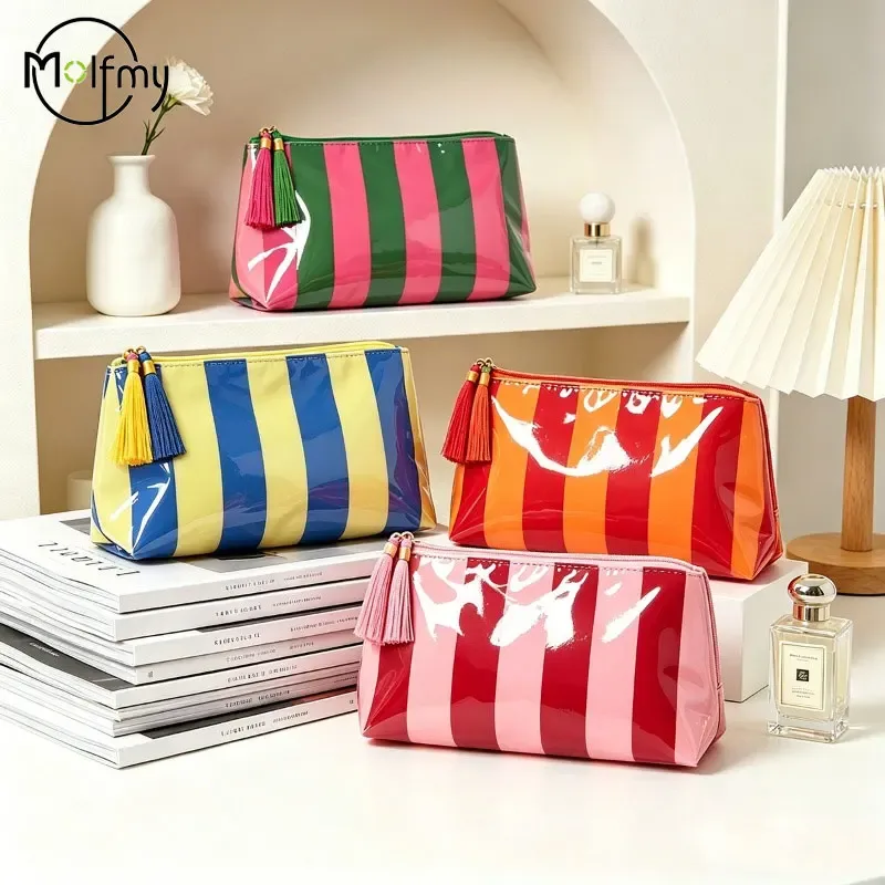 trousse de maquillage rayée en pvc avec franges et fermeture éclair, trousse de toilette de voyage imperméable, étui pour pinceaux de maquillage, pochette косметичка
