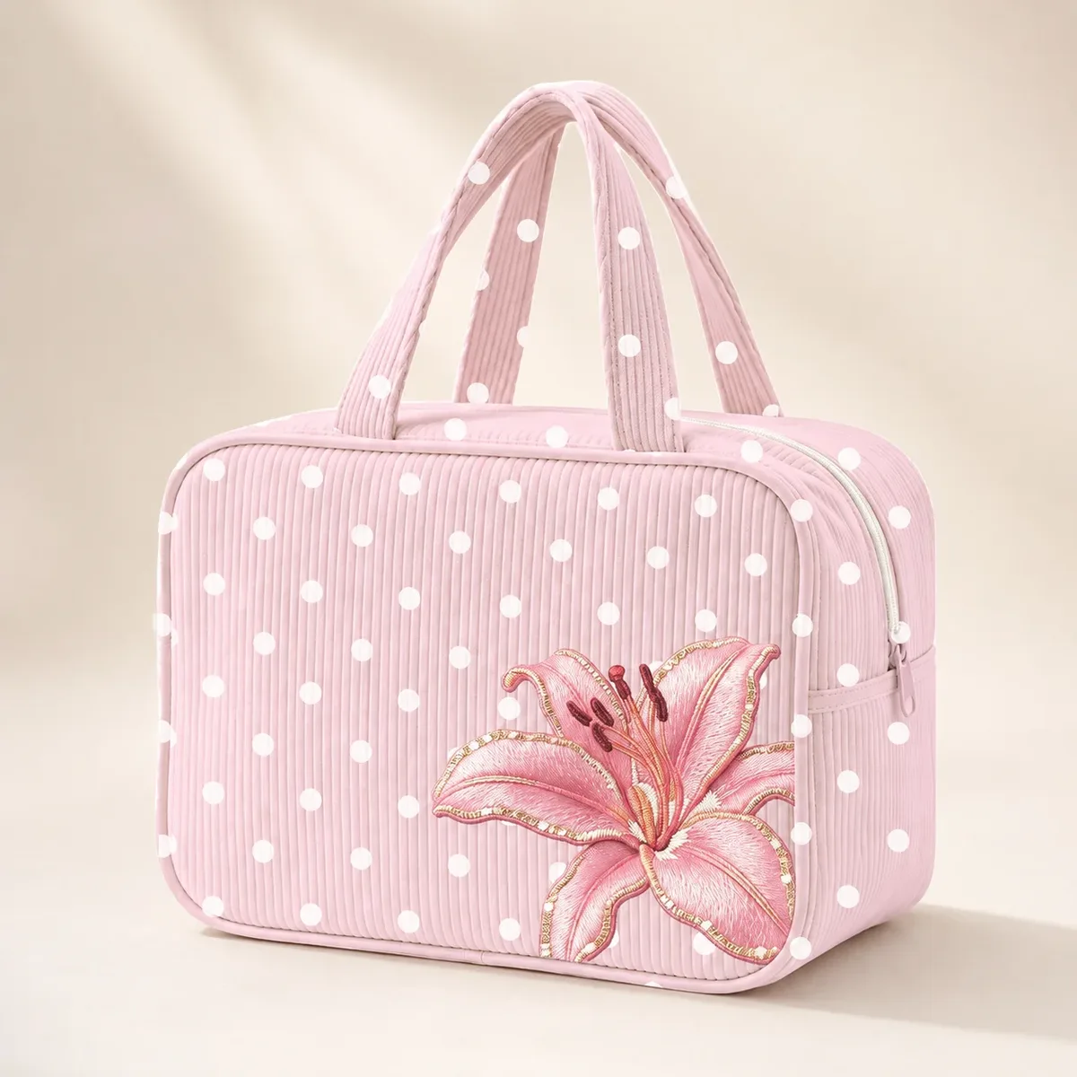 trousse de maquillage rose à pois avec broderie de lys, organiseur de maquillage portable à fermeture éclair pour femmes, voyage, articles de toilette et beauté