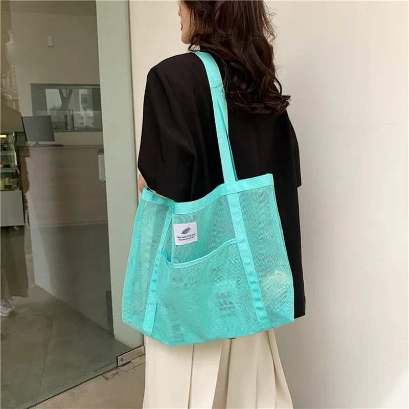 sac à bandoulière en maille transparente pour femmes, fourre-tout portable à la mode pour shopping voyage plage, fourre-tout en filet