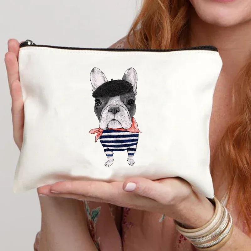 trousse de maquillage en toile pour femme, trousse de toilette, valise professionnelle, impression de dessin animé, bouledogue français, drôle