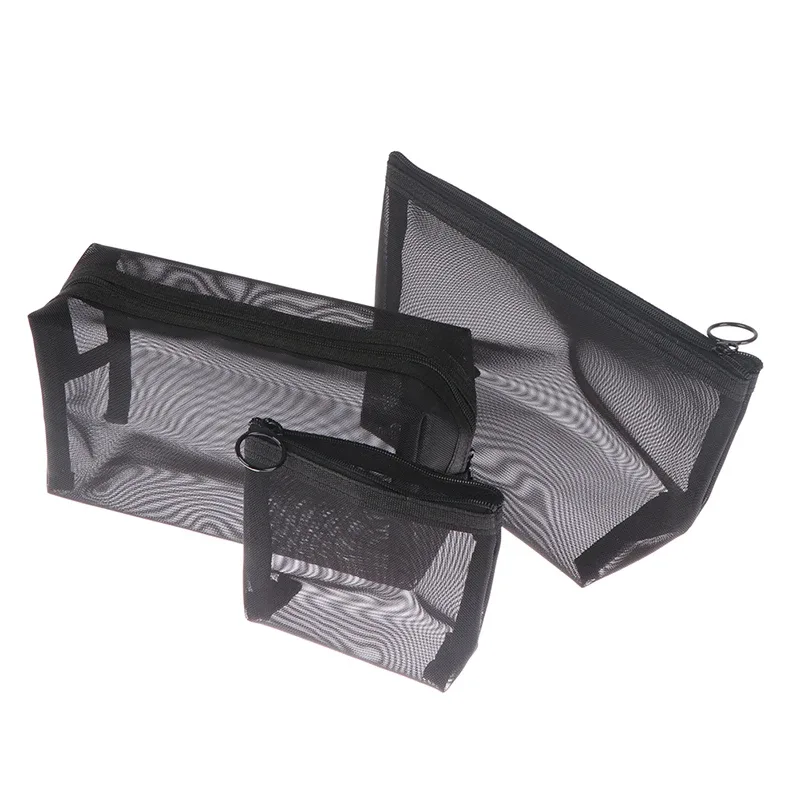 trousse de maquillage en maille transparente noire pour femme, trousse de toilette décontractée à fermeture éclair, trousse à cosmétiques de voyage, 1 pièce