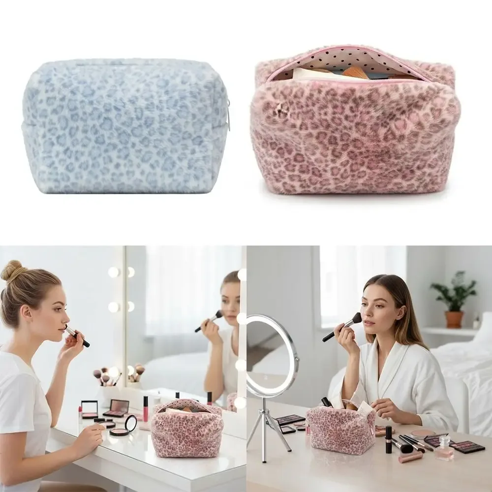 sac de maquillage en fourrure durable, grande capacité, imprimé léopard, organiseur de toilette, sac cosmétique portable, pochette de rangement de voyage pour filles