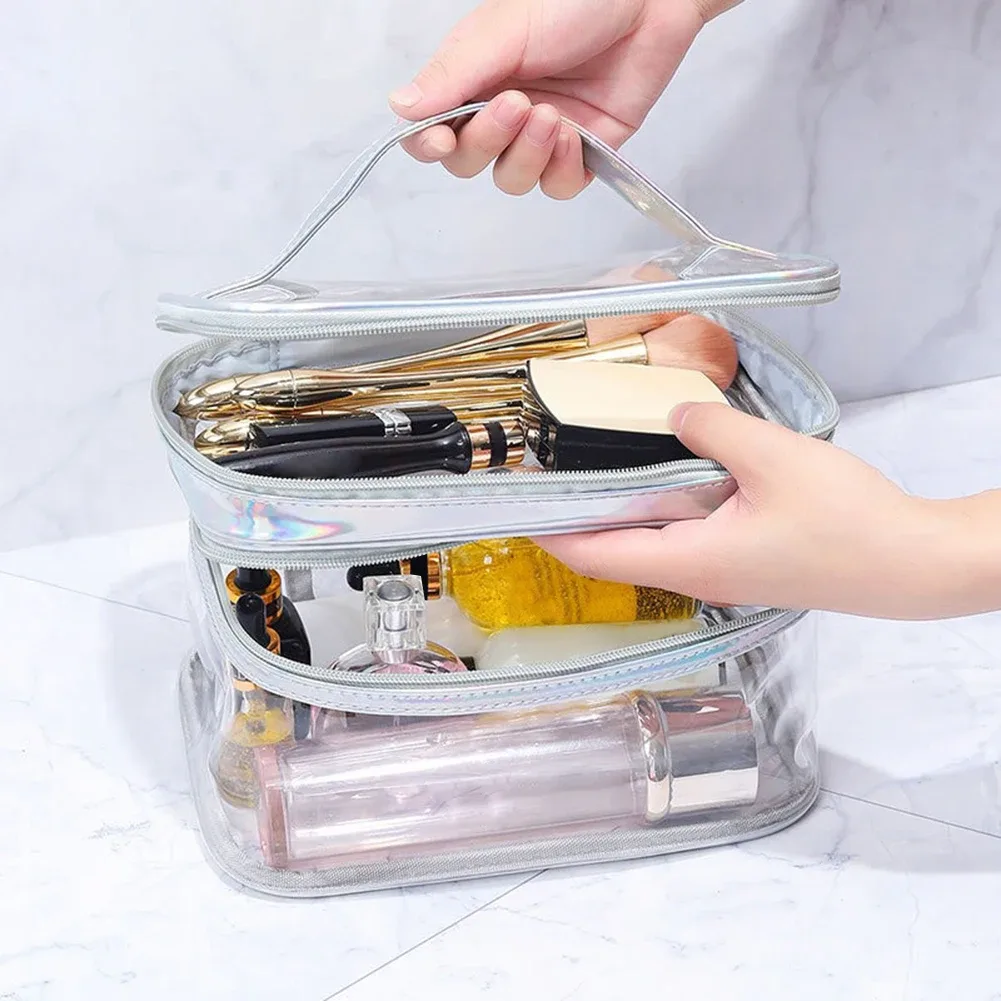 sac de maquillage transparent portable, sac à cosmétiques double couche en pvc, sac de toilette étanche de grande capacité, pochette de rangement de voyage transparente