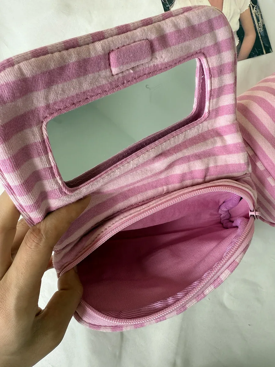 trousse de maquillage rose rayée à rabat pour femme, sac de voyage cosmétique portable avec fermeture éclair, organisateur de voyage pour filles, mignon et adorable, avec miroir, pochette de toilette