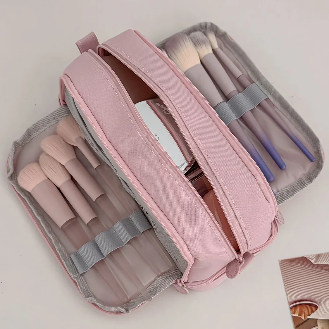 sac de maquillage de voyage portable à 3 couches, organiseur de cosmétiques de grande capacité avec compartiments, pochette de rangement mignonne pour femmes